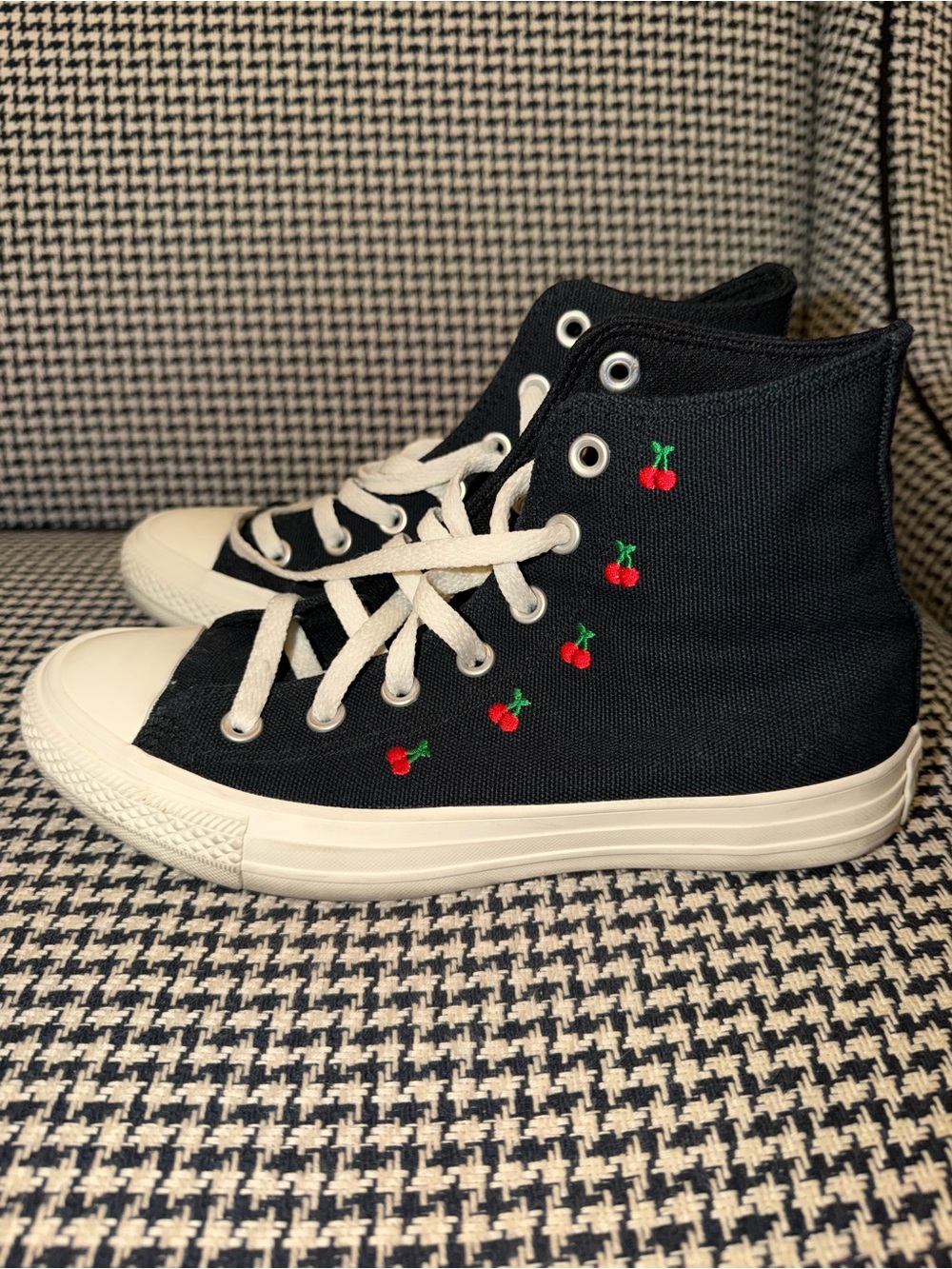 Converse Black High-Top Canvas Sneakers with Red Cherry Embroidery